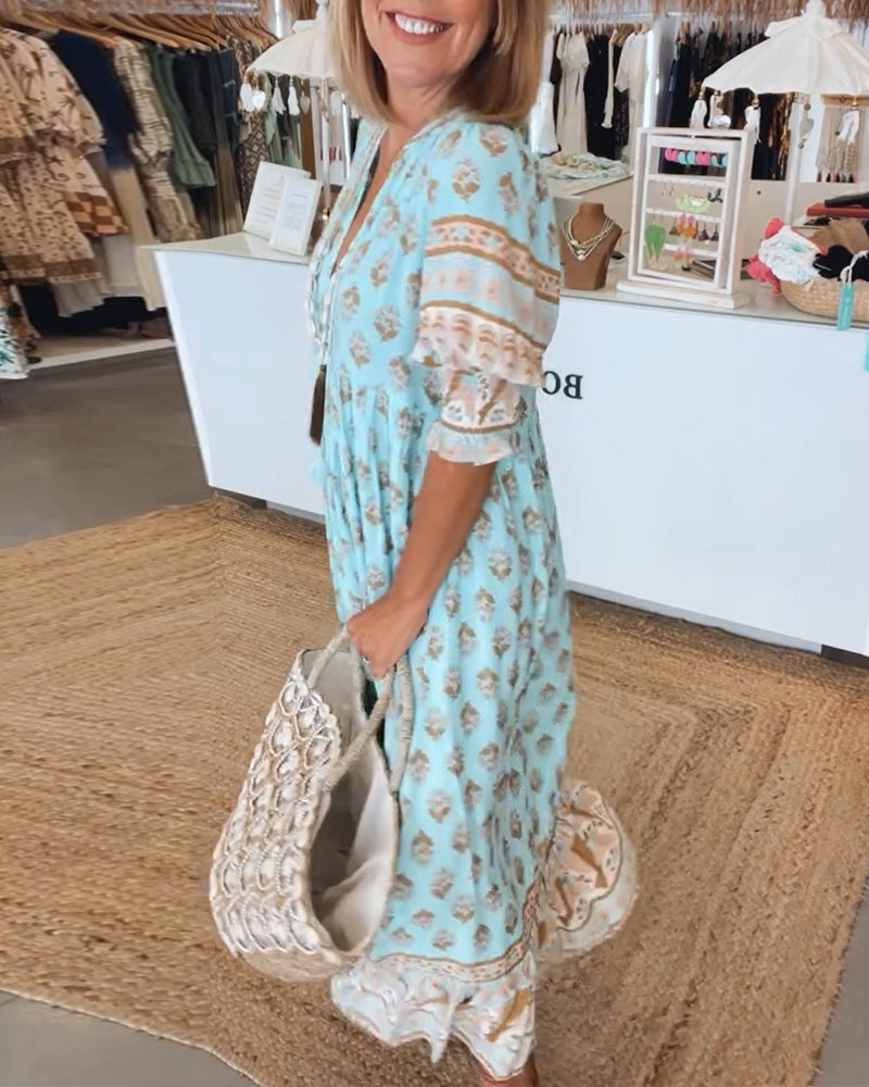 LANE™ - PRINTED V-NECK HALF SLEEVE DRESS