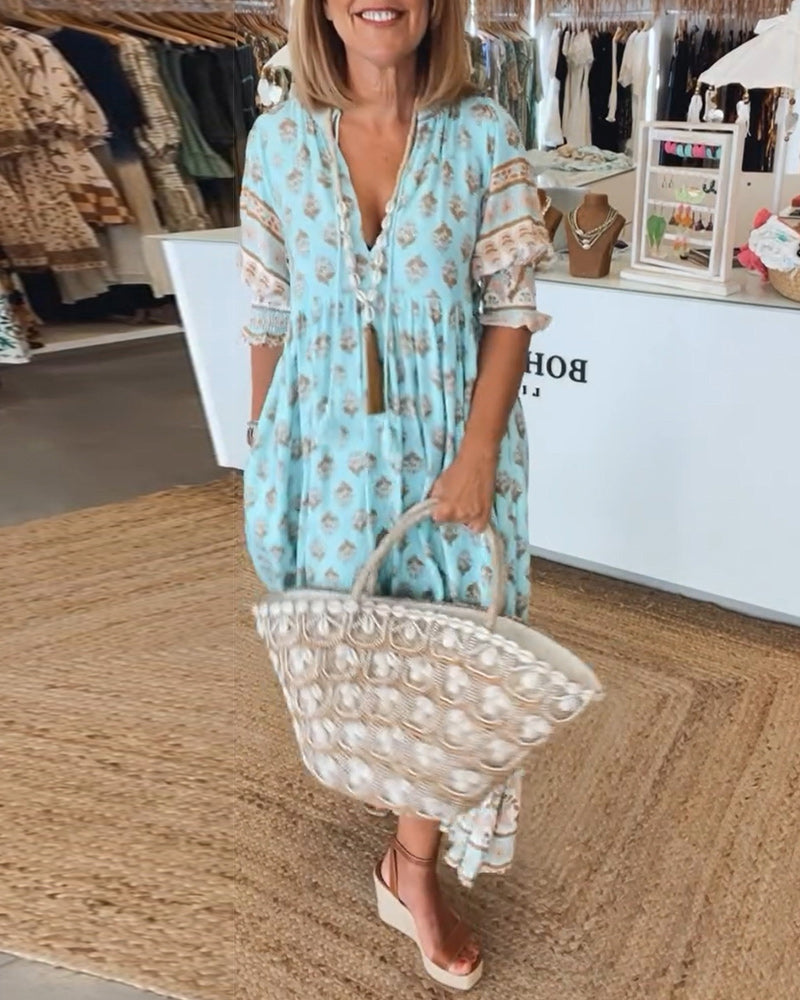 LANE™ - PRINTED V-NECK HALF SLEEVE DRESS