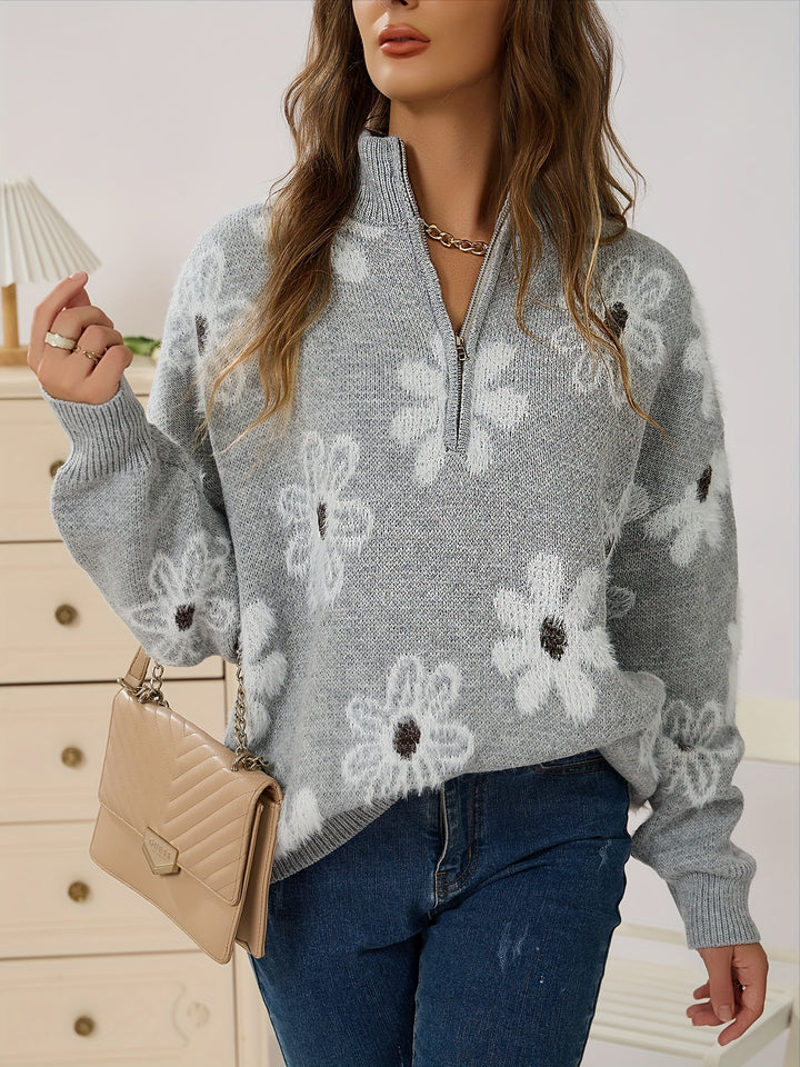 NIFA™ - HALF-ZIP KNITTED FLORAL SWEATER