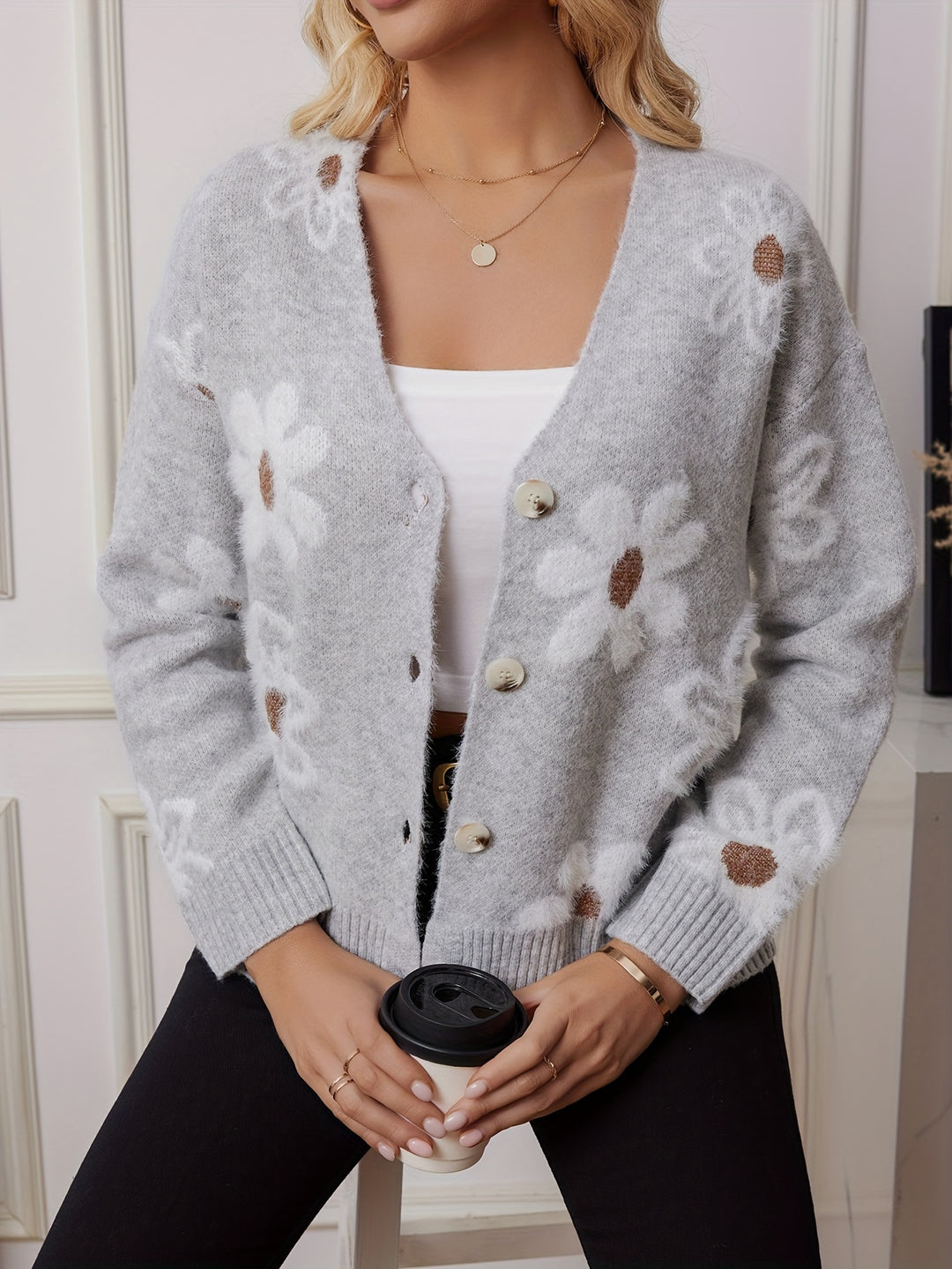 KERIE™ - STYLISH FLORAL V-NECK KNITTED CARDIGAN