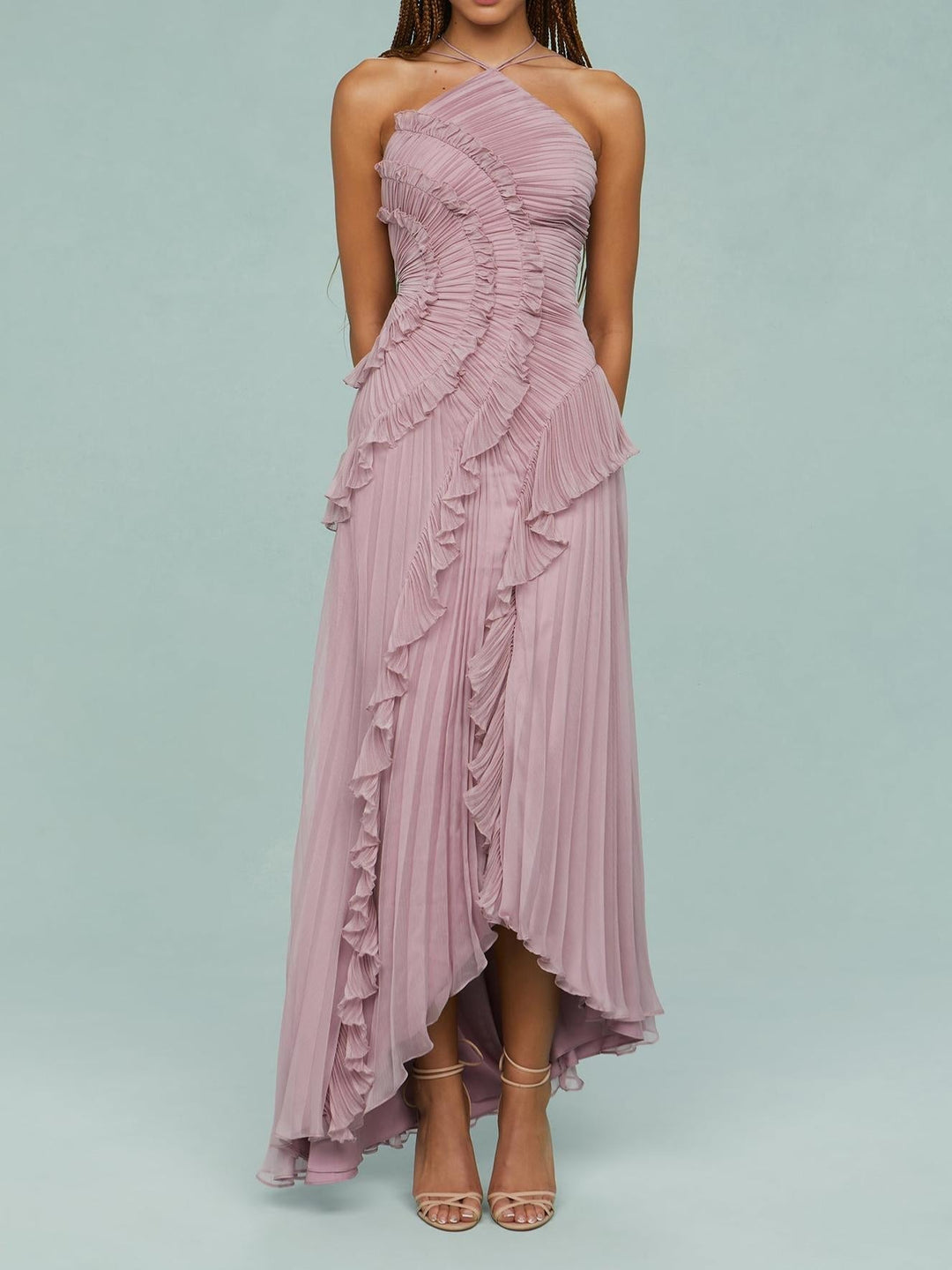 Marina™ – Pleated Backless Ruffle Maxi Dress