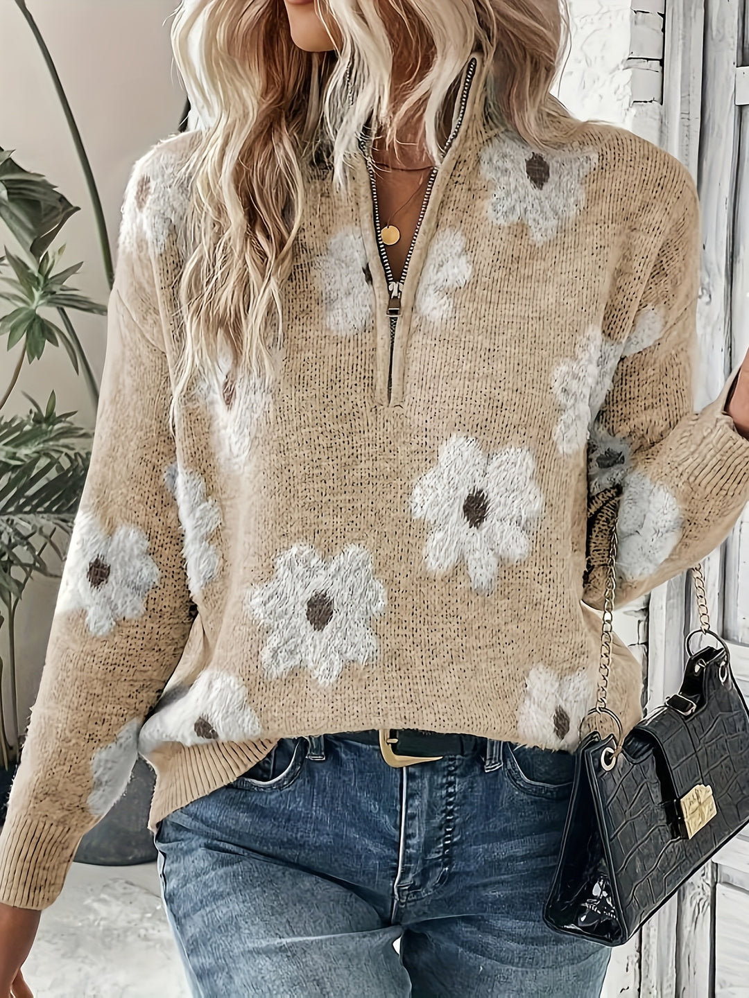 NIFA™ - HALF-ZIP KNITTED FLORAL SWEATER