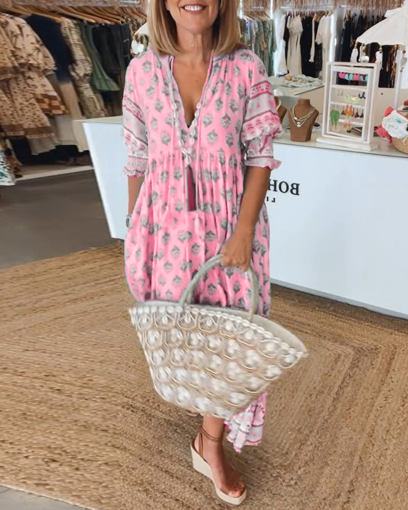 LANE™ - PRINTED V-NECK HALF SLEEVE DRESS