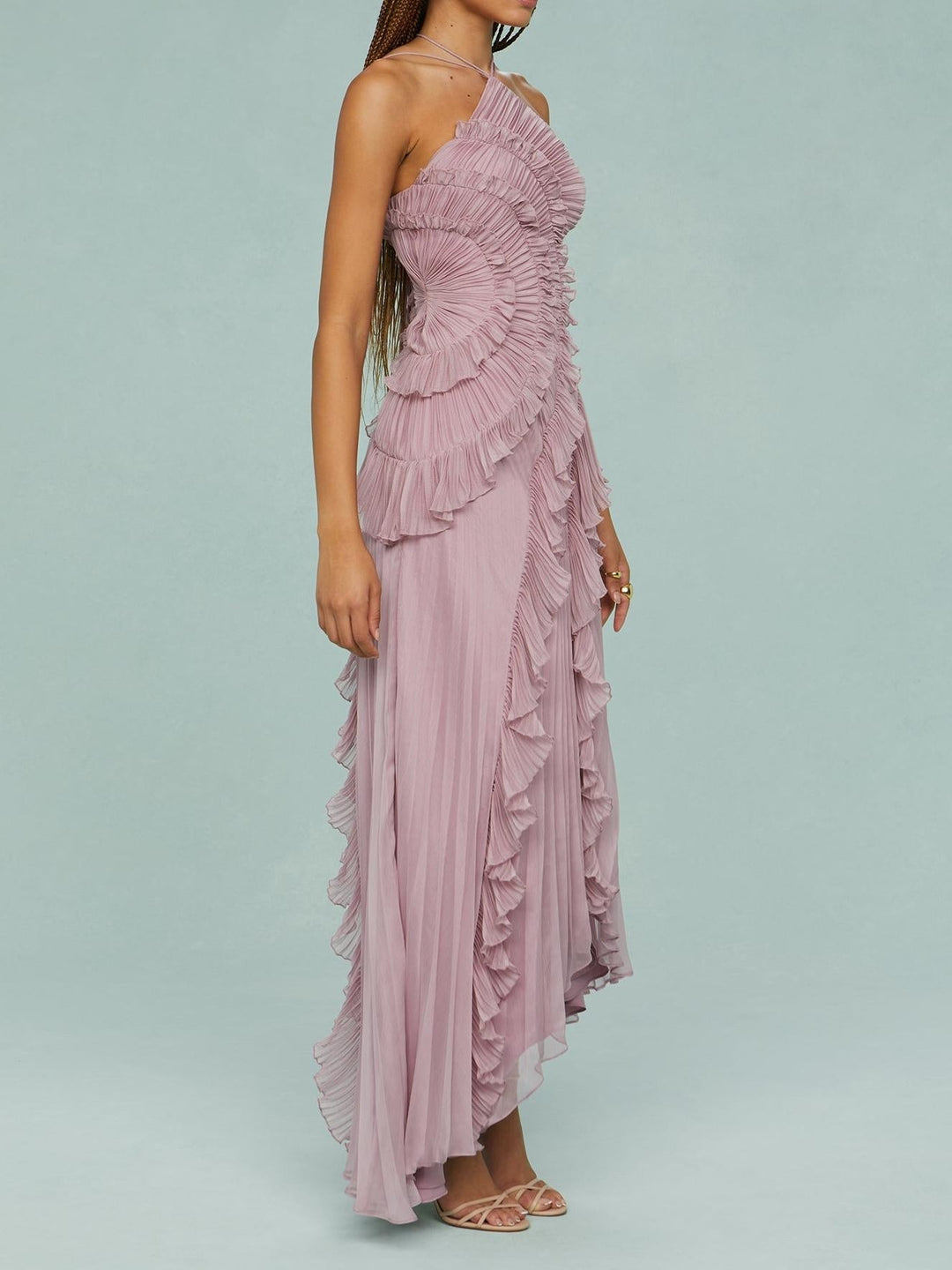 Marina™ – Pleated Backless Ruffle Maxi Dress