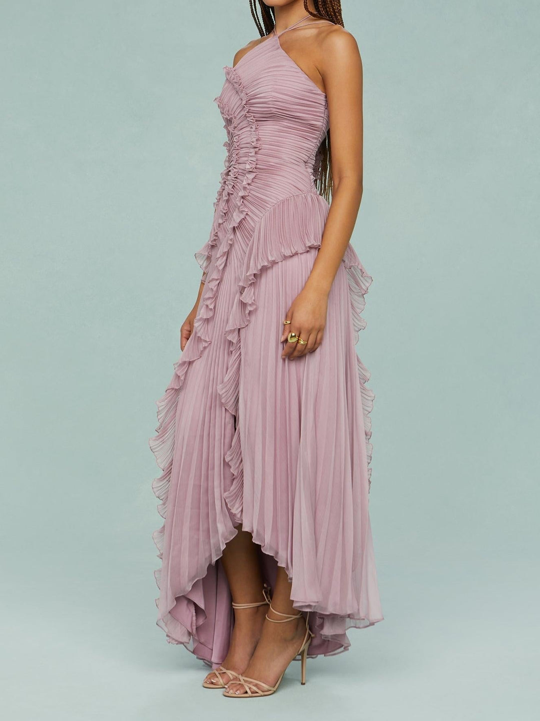 Marina™ – Pleated Backless Ruffle Maxi Dress