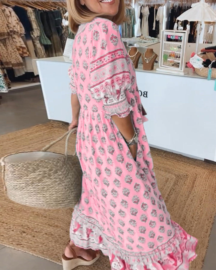 LANE™ - PRINTED V-NECK HALF SLEEVE DRESS
