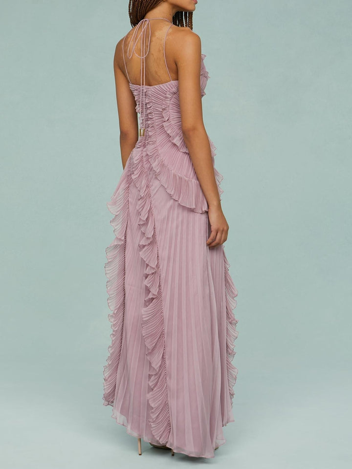 Marina™ – Pleated Backless Ruffle Maxi Dress