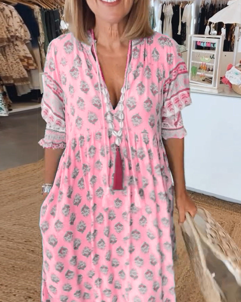 LANE™ - PRINTED V-NECK HALF SLEEVE DRESS