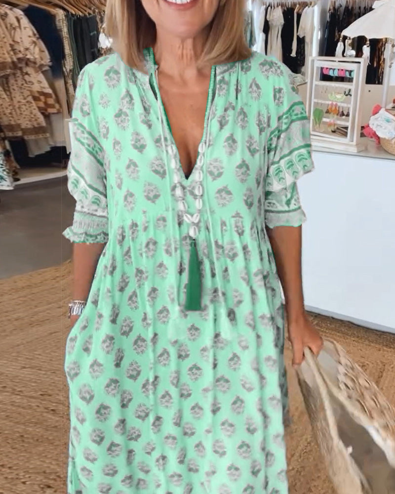 LANE™ - PRINTED V-NECK HALF SLEEVE DRESS