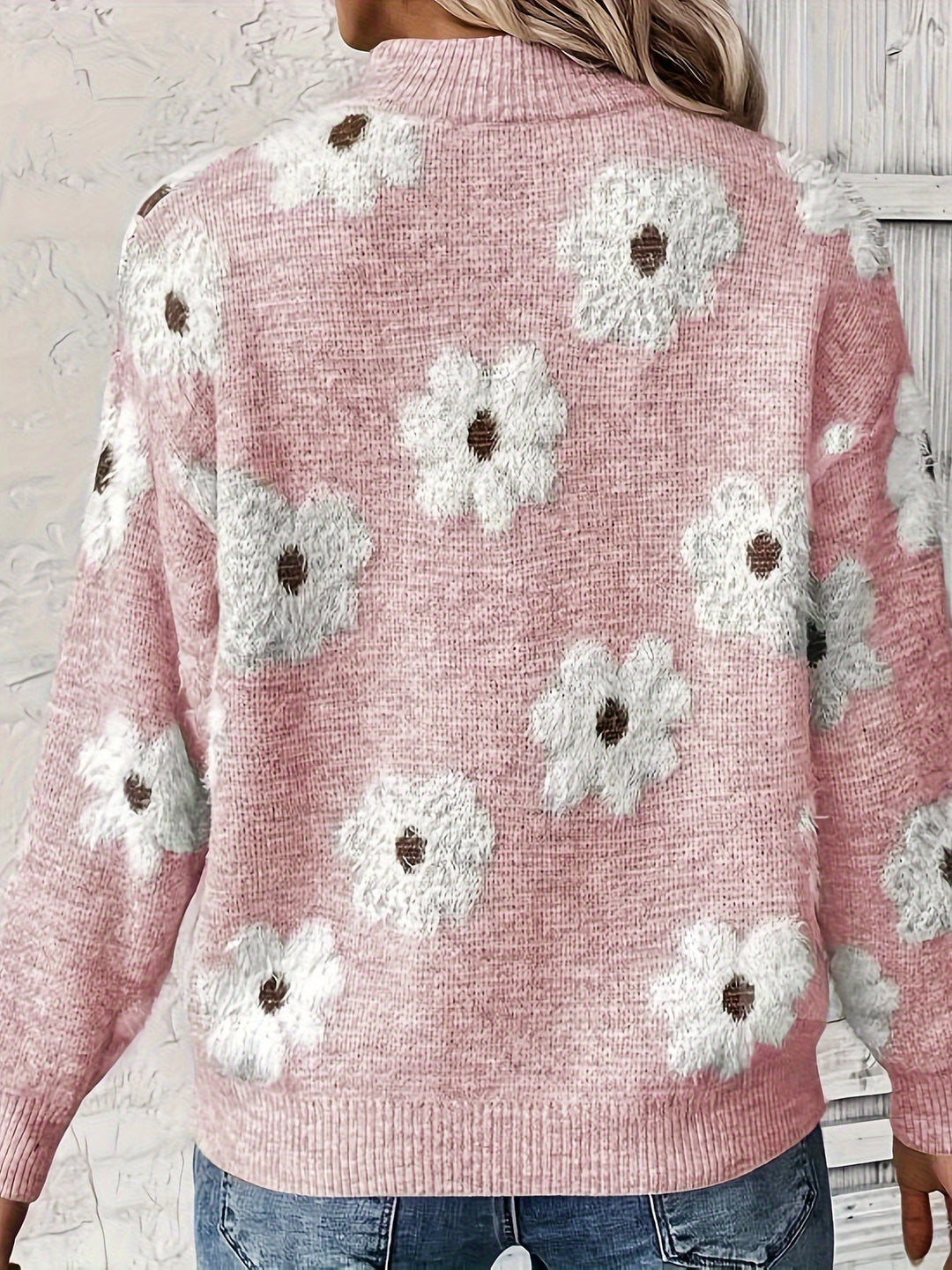 NIFA™ - HALF-ZIP KNITTED FLORAL SWEATER