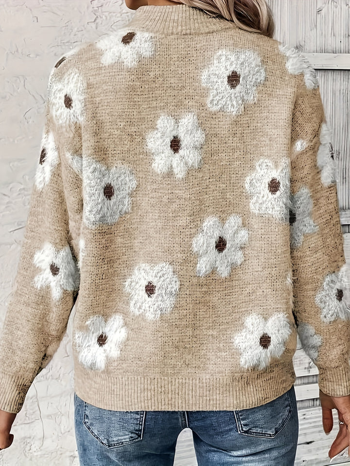 NIFA™ - HALF-ZIP KNITTED FLORAL SWEATER