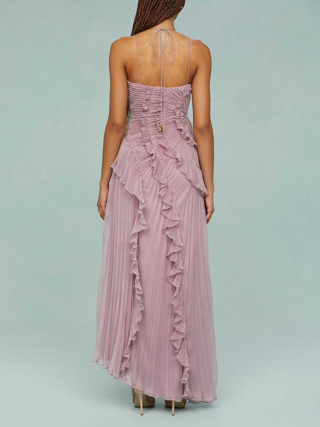 Marina™ – Pleated Backless Ruffle Maxi Dress