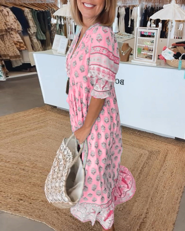 LANE™ - PRINTED V-NECK HALF SLEEVE DRESS