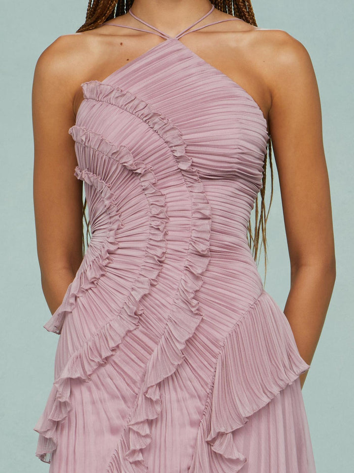 Marina™ – Pleated Backless Ruffle Maxi Dress