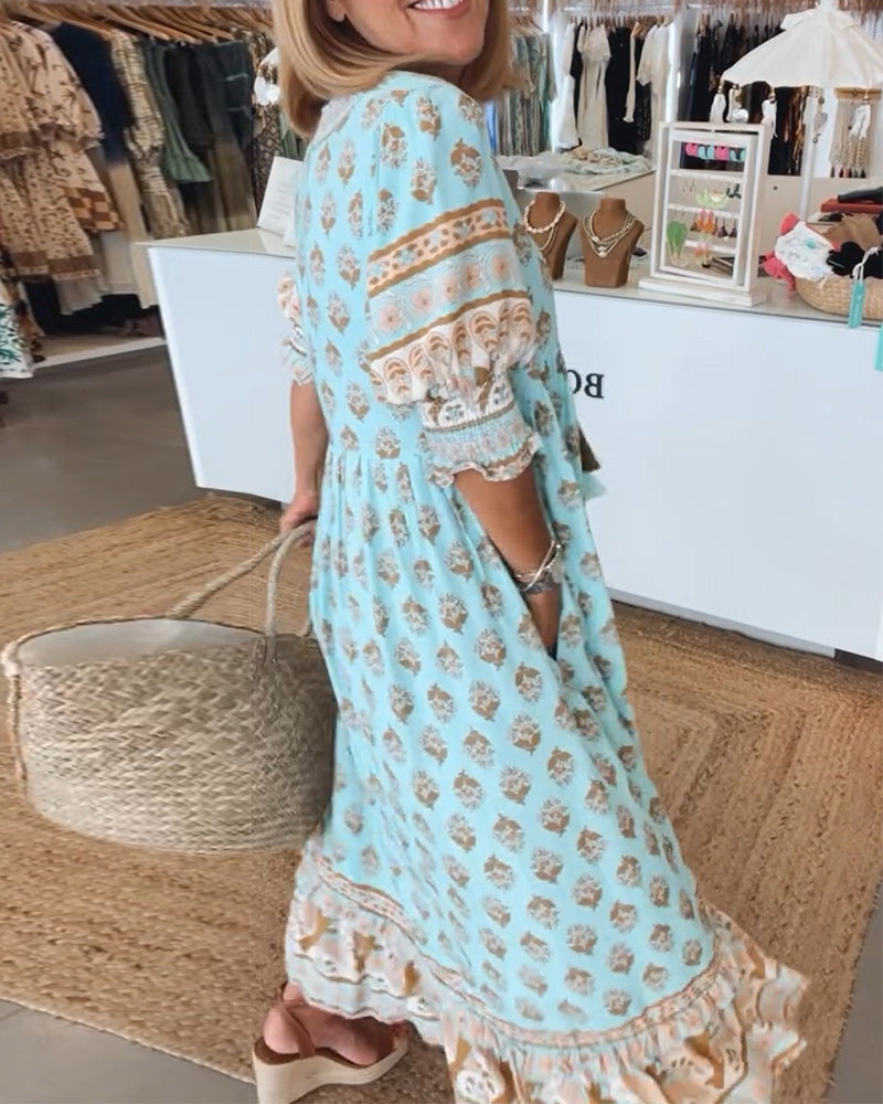 LANE™ - PRINTED V-NECK HALF SLEEVE DRESS