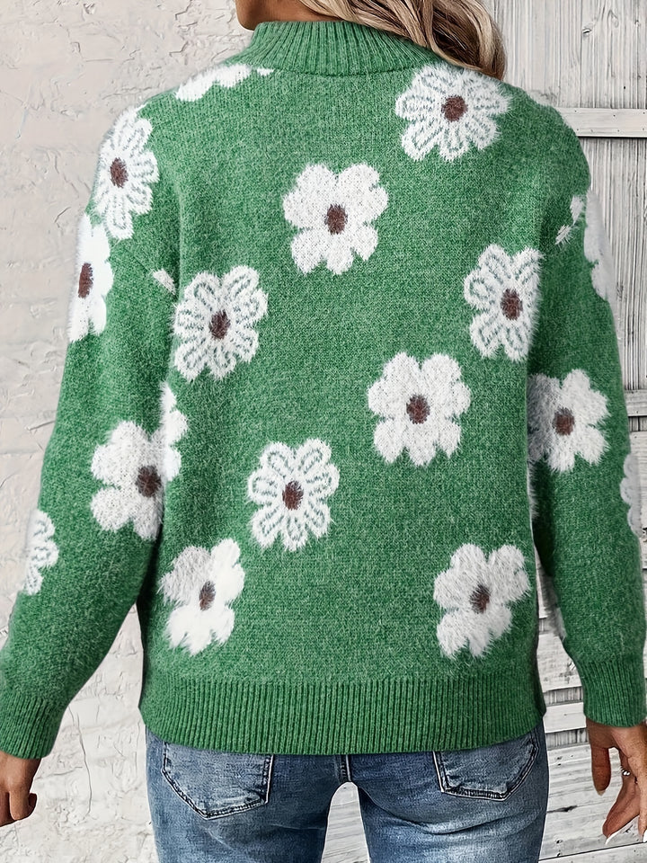 NIFA™ - HALF-ZIP KNITTED FLORAL SWEATER