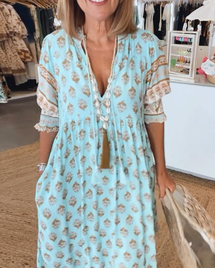 LANE™ - PRINTED V-NECK HALF SLEEVE DRESS