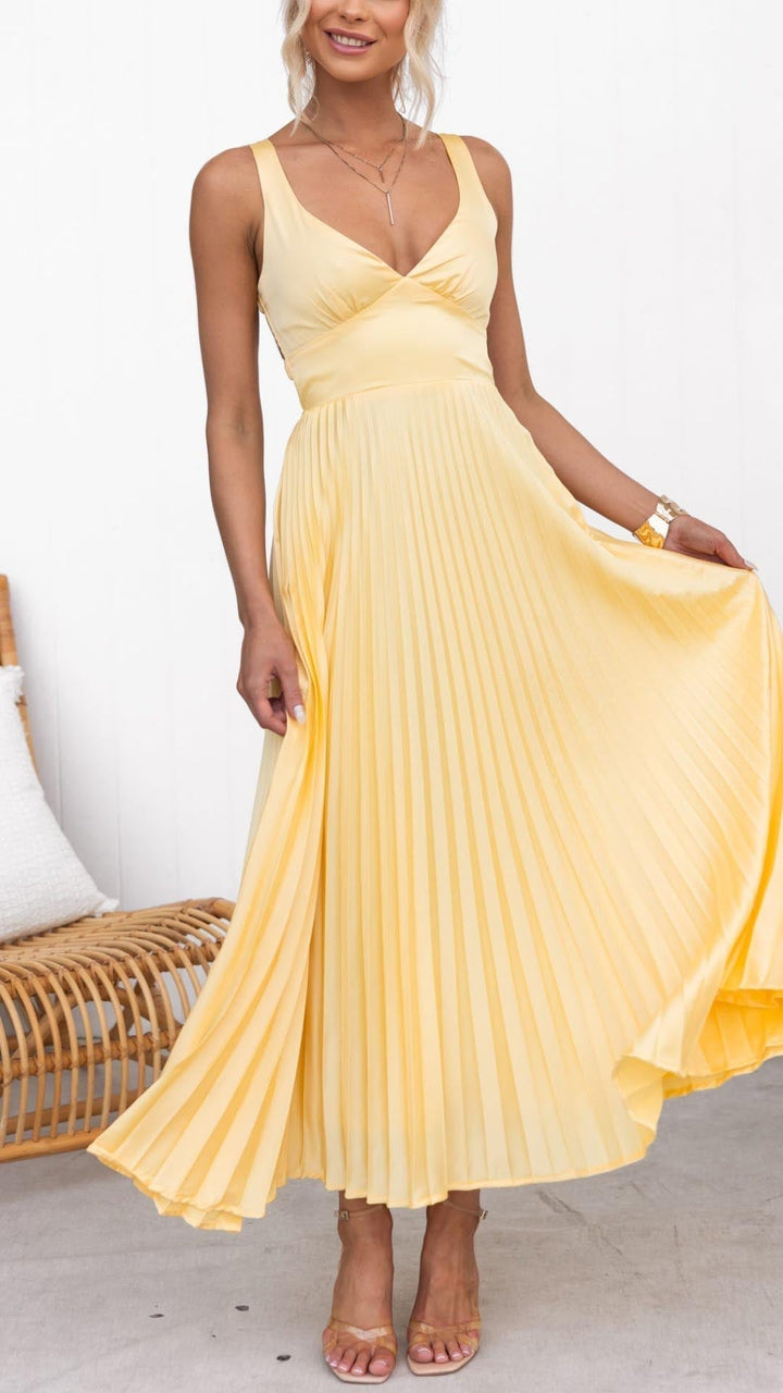 Liana™ – Pleated V-Neck Maxi Summer Dress