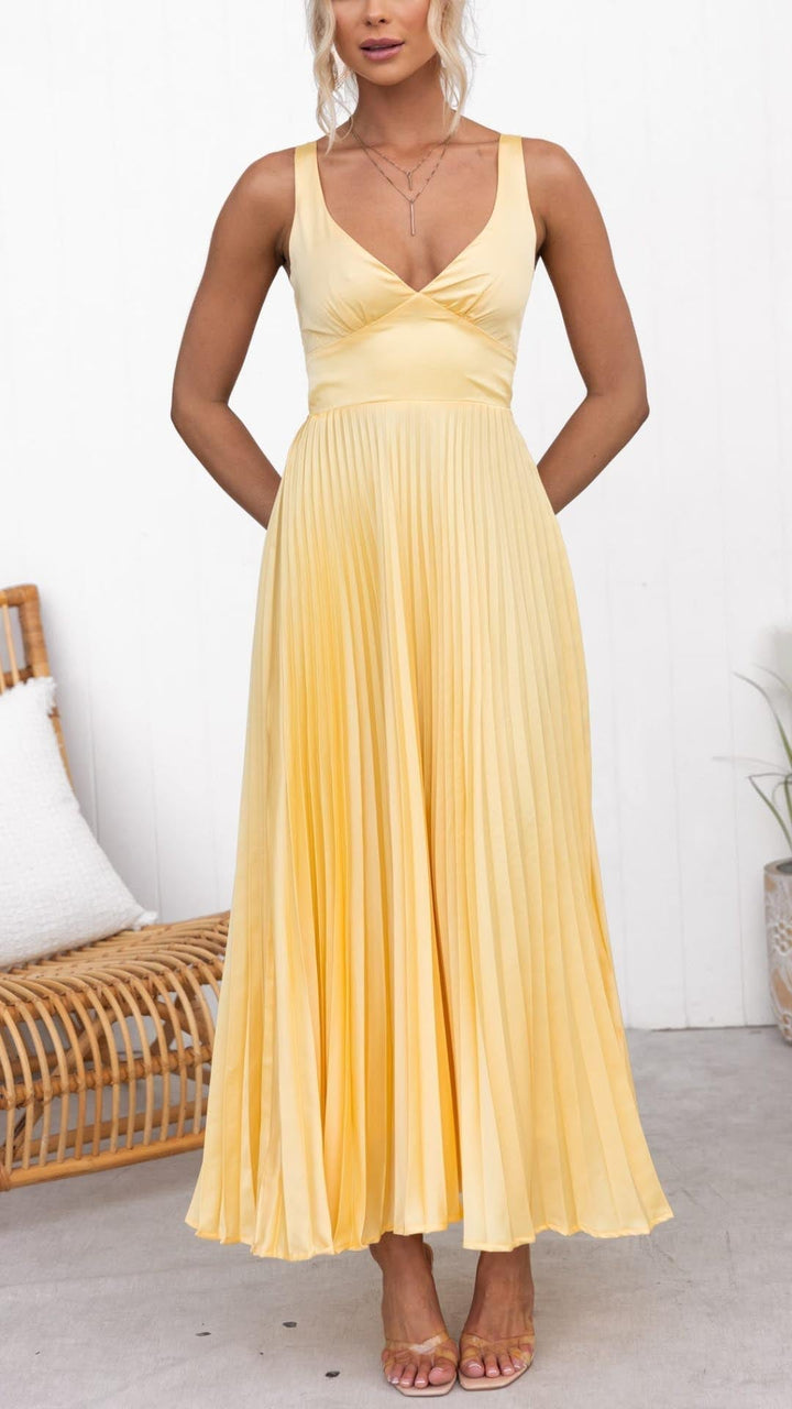 Liana™ – Pleated V-Neck Maxi Summer Dress
