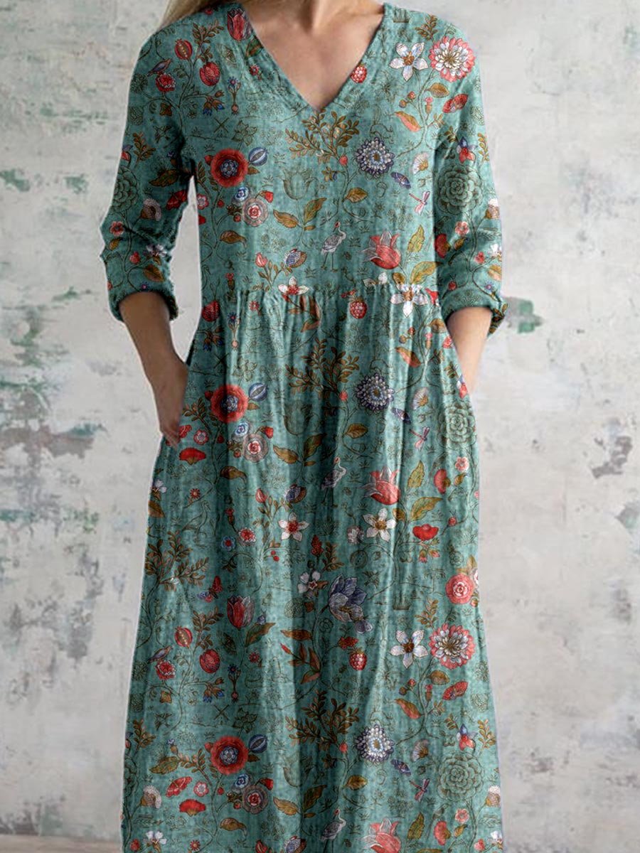 JESSEL™ - FLORAL PATTERN V-NECK COTTON DRESS