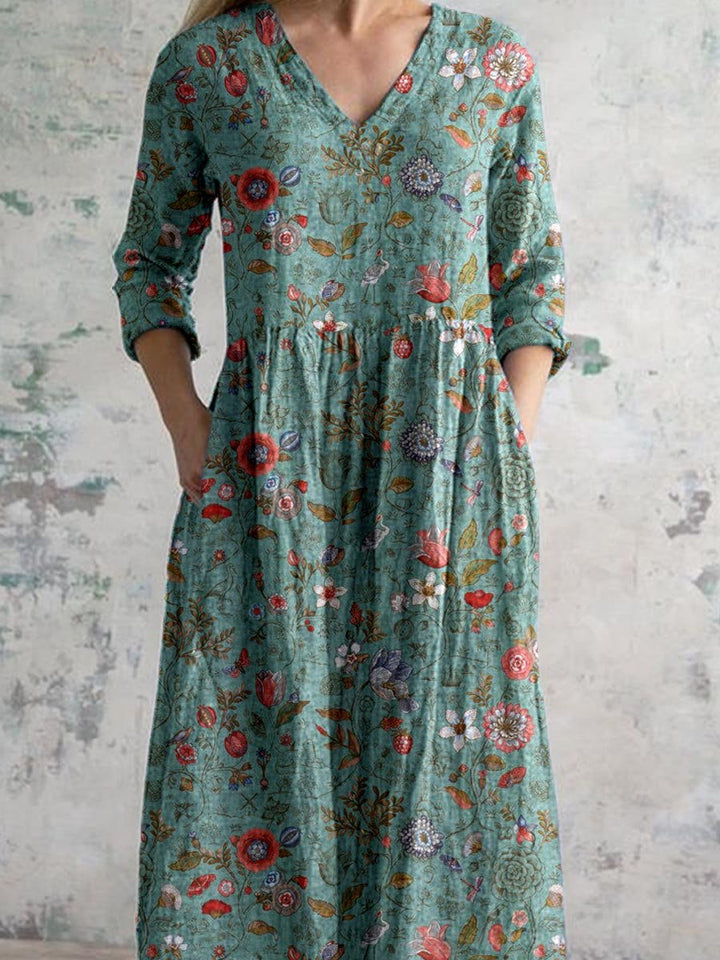 JESSEL™ - FLORAL PATTERN V-NECK COTTON DRESS