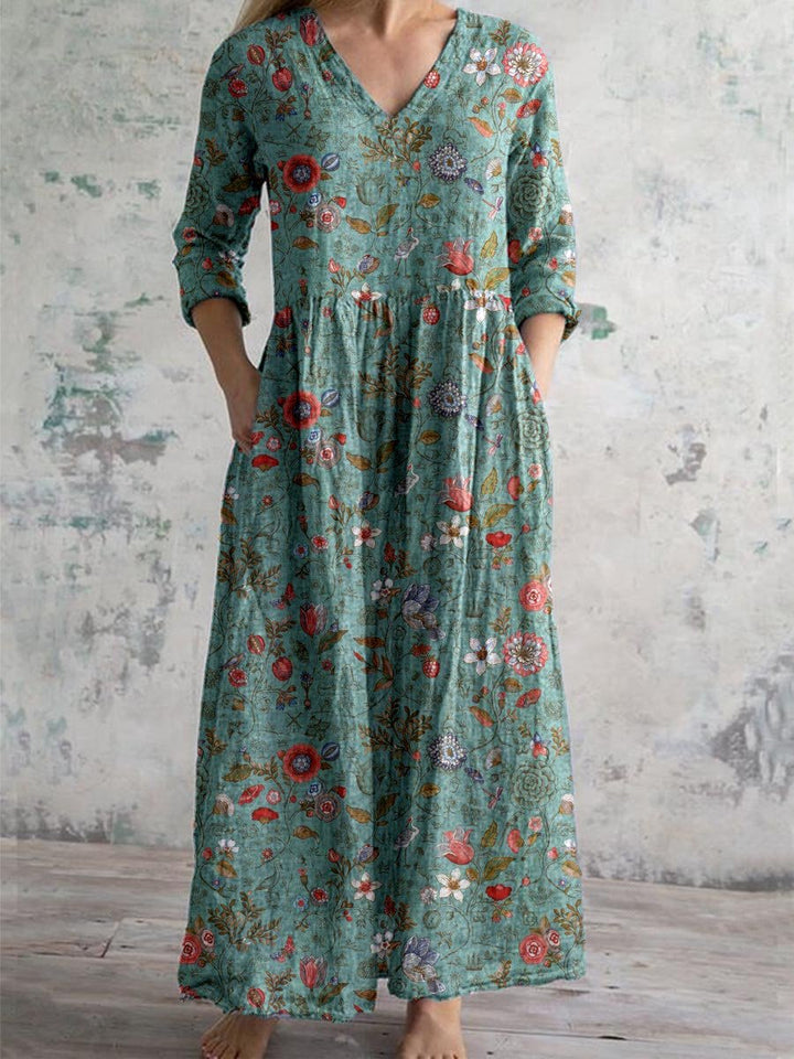 JESSEL™ - FLORAL PATTERN V-NECK COTTON DRESS